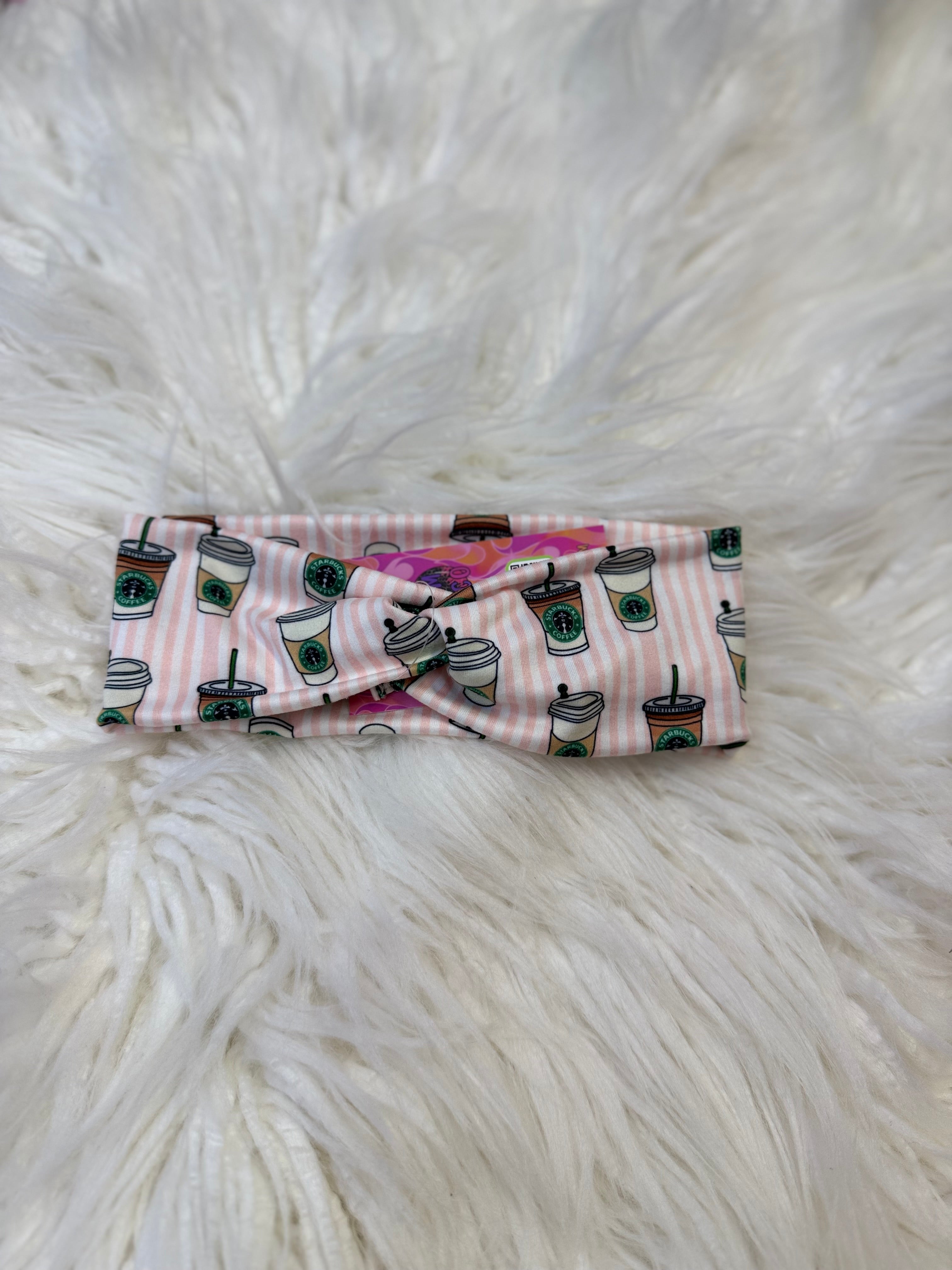 Pink white stripe coffee  OS headband