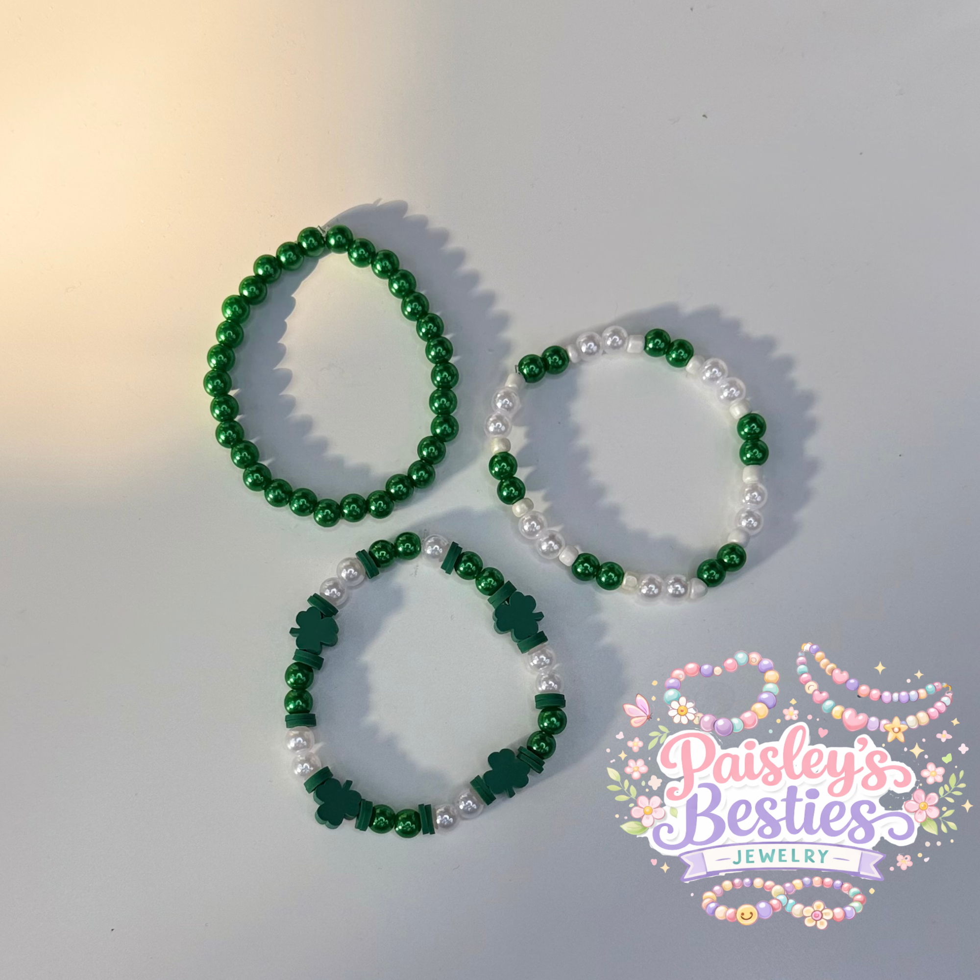 Shamrock green and white bracelet stack (3)