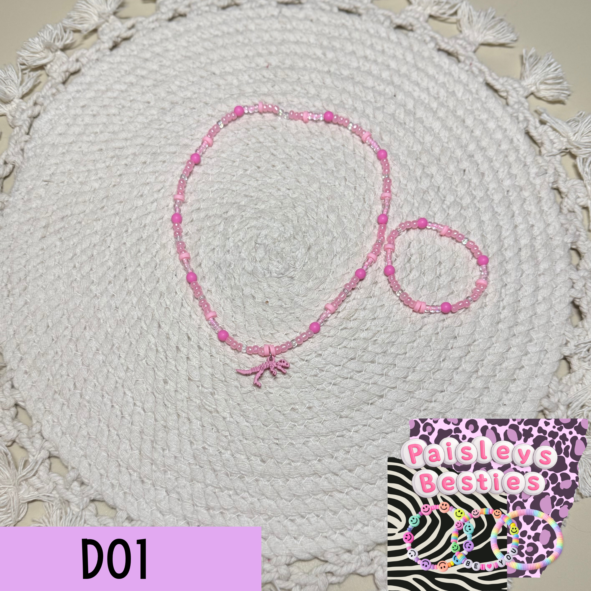 Pink Dino necklace bracelet set D01