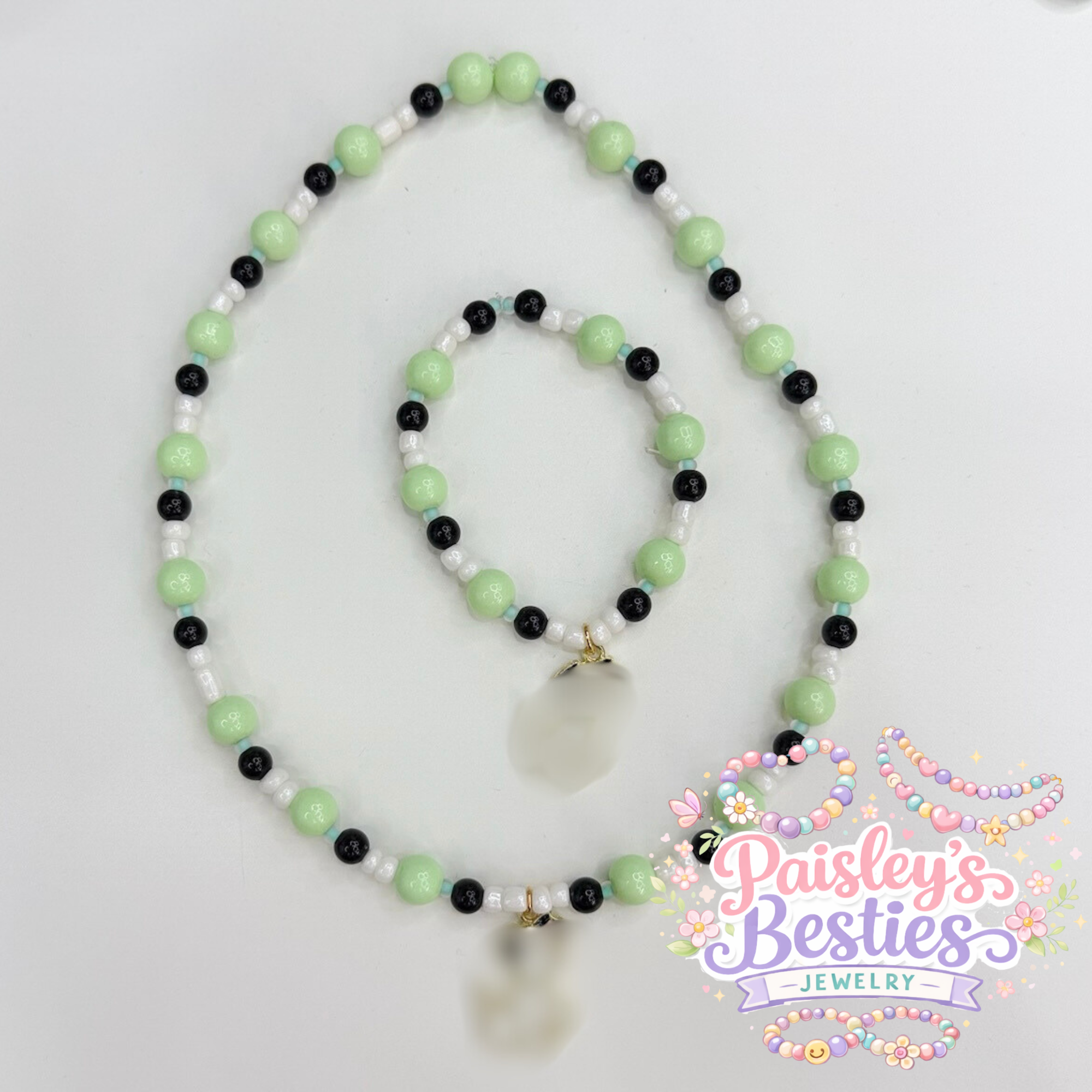 Kids necklace bracelet set mint green pup